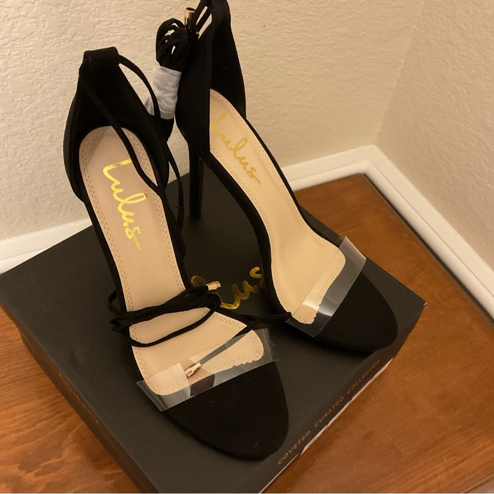 Lulus Womens Ledah Black Open Toe Lace Up Stiletto Gladiator Heels Size 8